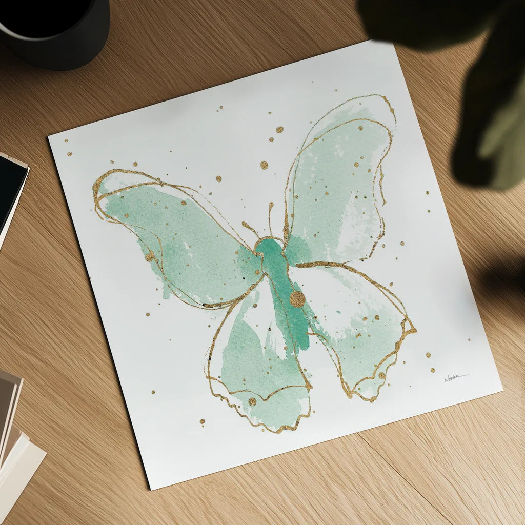 Gilded Butterflies II Mint by Shirley Novak. Shown as a detailed flat fine art print, highlighting archival giclee quality. Available as an archival giclee rolled canvas, fine art paper, or poster print. SKU 36116a.