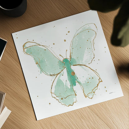 Gilded Butterflies II Mint by Shirley Novak. Shown as a detailed flat fine art print, highlighting archival giclee quality. Available as an archival giclee rolled canvas, fine art paper, or poster print. SKU 36116a.