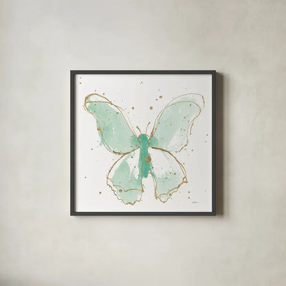 Gilded Butterflies II Mint by Shirley Novak. Shown in a sleek black glass frame for a contemporary gallery look. Available as an archival giclee rolled canvas, fine art paper, or poster print. SKU 36116a.