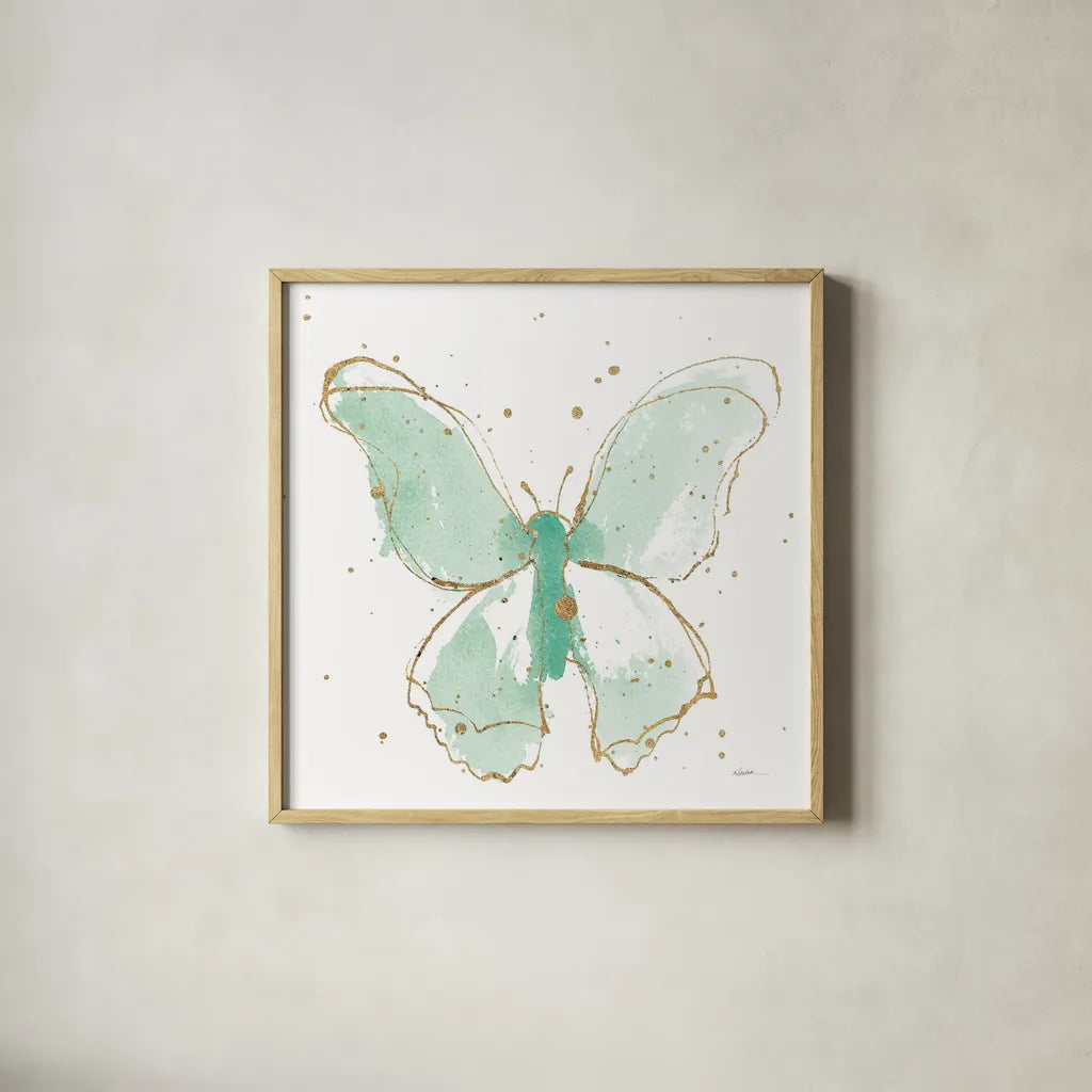 Gilded Butterflies II Mint by Shirley Novak. Shown in a natural wood glass frame for a timeless modern aesthetic. Available as an archival giclee rolled canvas, fine art paper, or poster print. SKU 36116a.