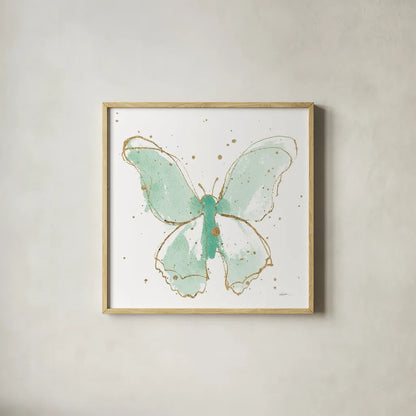 Gilded Butterflies II Mint by Shirley Novak. Shown in a natural wood glass frame for a timeless modern aesthetic. Available as an archival giclee rolled canvas, fine art paper, or poster print. SKU 36116a.