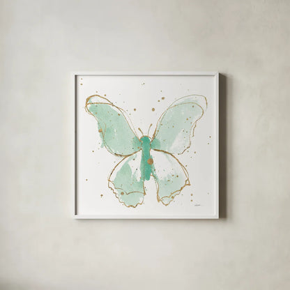 Gilded Butterflies II Mint by Shirley Novak. Shown in a crisp white glass frame for a clean and minimalist style. Available as an archival giclee rolled canvas, fine art paper, or poster print. SKU 36116a.