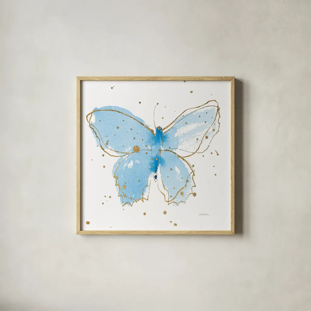 Gilded Butterflies III by Shirley Novak. Shown in a natural wood glass frame for a timeless modern aesthetic. Available as an archival giclee rolled canvas, fine art paper, or poster print. SKU 30834a.