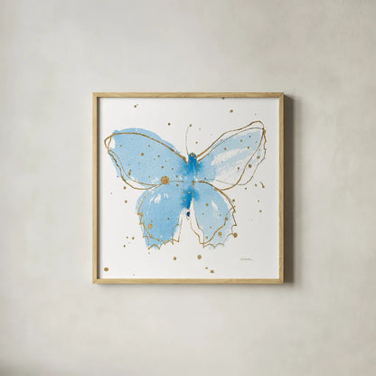 Gilded Butterflies III by Shirley Novak. Shown in a natural wood glass frame for a timeless modern aesthetic. Available as an archival giclee rolled canvas, fine art paper, or poster print. SKU 30834a.