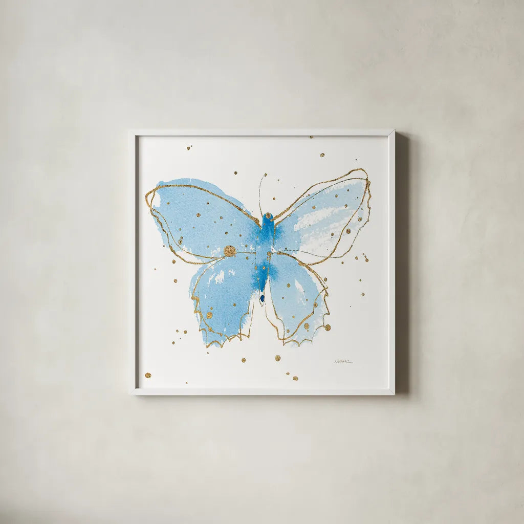 Gilded Butterflies III by Shirley Novak. Shown in a crisp white glass frame for a clean and minimalist style. Available as an archival giclee rolled canvas, fine art paper, or poster print. SKU 30834a.