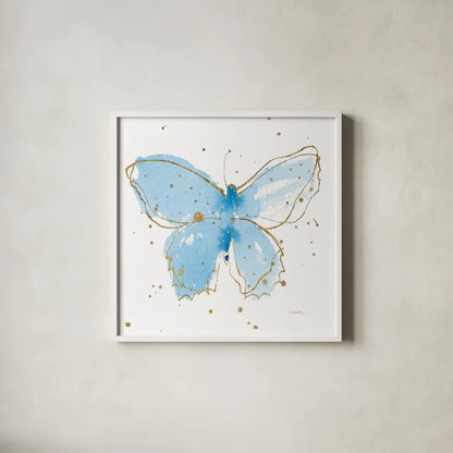 Gilded Butterflies III by Shirley Novak. Shown in a crisp white glass frame for a clean and minimalist style. Available as an archival giclee rolled canvas, fine art paper, or poster print. SKU 30834a.