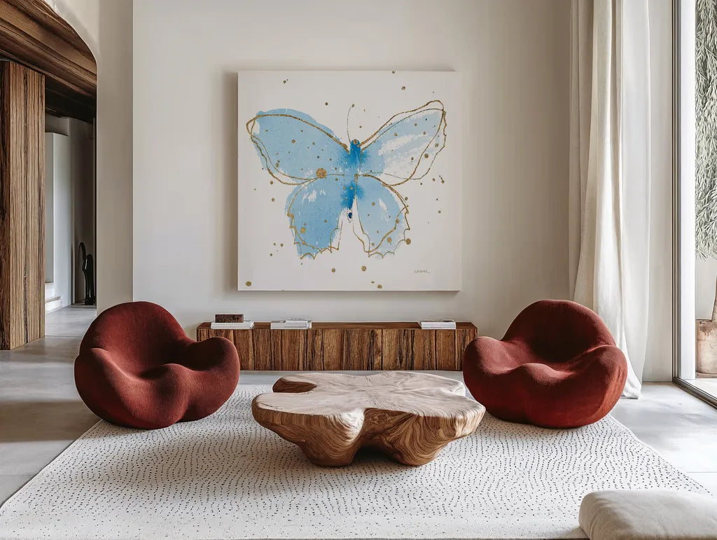 Gilded Butterflies III by Shirley Novak. Shown as extra-large giant wall art in a modern living room. Available as an archival giclee rolled canvas, fine art paper, or poster print. SKU 30834a.