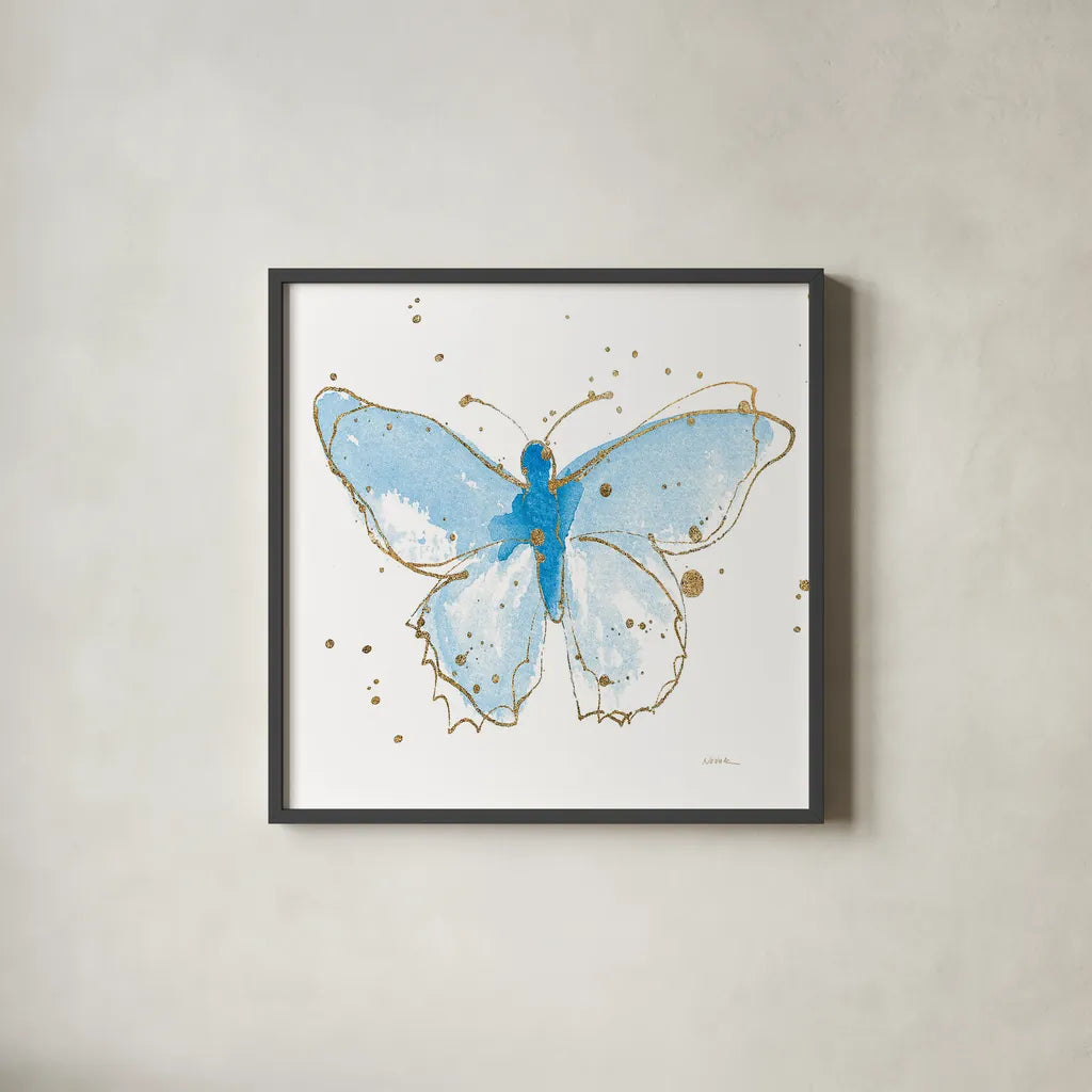 Gilded Butterflies IV by Shirley Novak. Shown in a sleek black glass frame for a contemporary gallery look. Available as an archival giclee rolled canvas, fine art paper, or poster print. SKU 30835a.