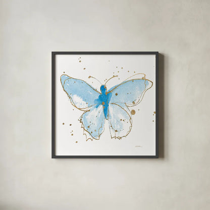 Gilded Butterflies IV by Shirley Novak. Shown in a sleek black glass frame for a contemporary gallery look. Available as an archival giclee rolled canvas, fine art paper, or poster print. SKU 30835a.