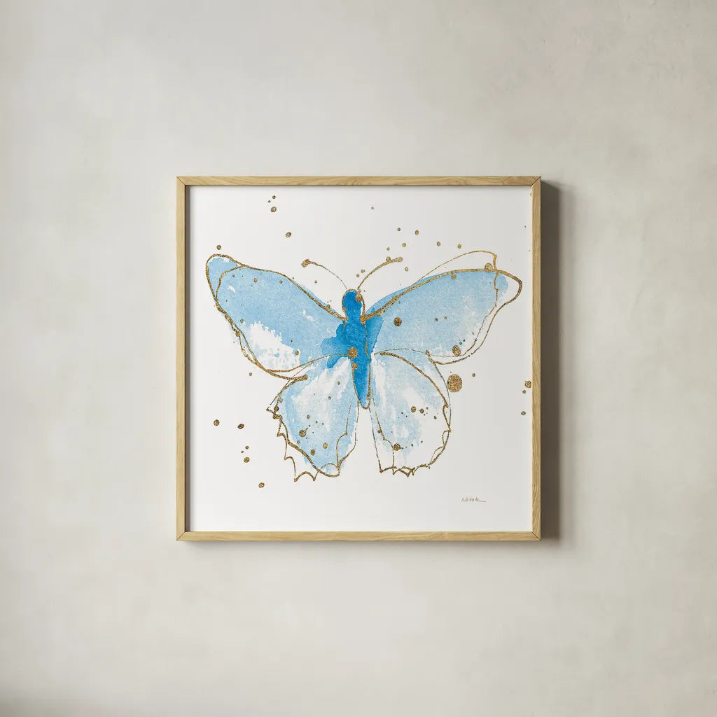 Gilded Butterflies IV by Shirley Novak. Shown in a natural wood glass frame for a timeless modern aesthetic. Available as an archival giclee rolled canvas, fine art paper, or poster print. SKU 30835a.