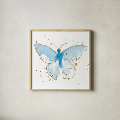 Gilded Butterflies IV by Shirley Novak. Shown in a natural wood glass frame for a timeless modern aesthetic. Available as an archival giclee rolled canvas, fine art paper, or poster print. SKU 30835a.