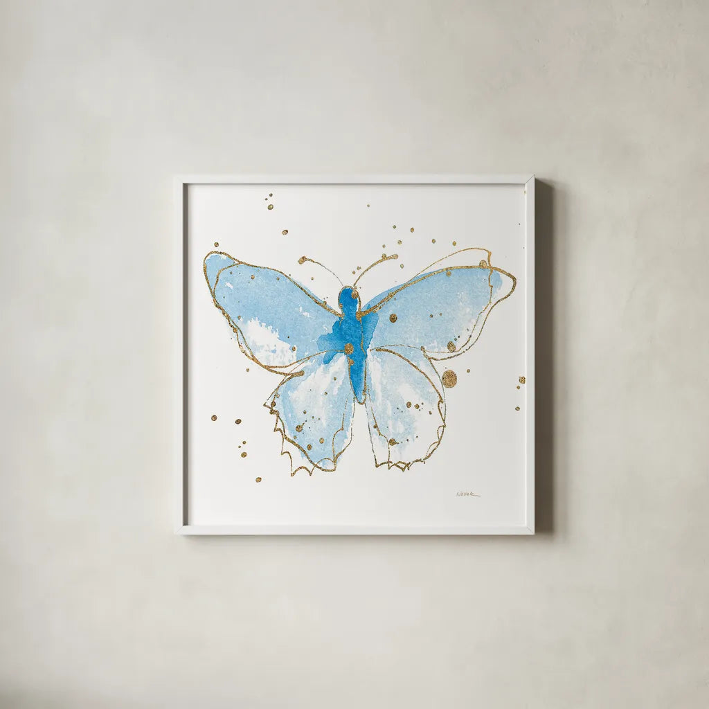 Gilded Butterflies IV by Shirley Novak. Shown in a crisp white glass frame for a clean and minimalist style. Available as an archival giclee rolled canvas, fine art paper, or poster print. SKU 30835a.