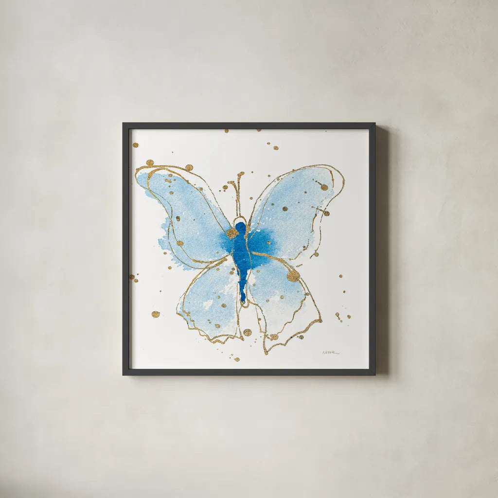 Gilded Butterflies V by Shirley Novak. Shown in a sleek black glass frame for a contemporary gallery look. Available as an archival giclee rolled canvas, fine art paper, or poster print. SKU 30836a.