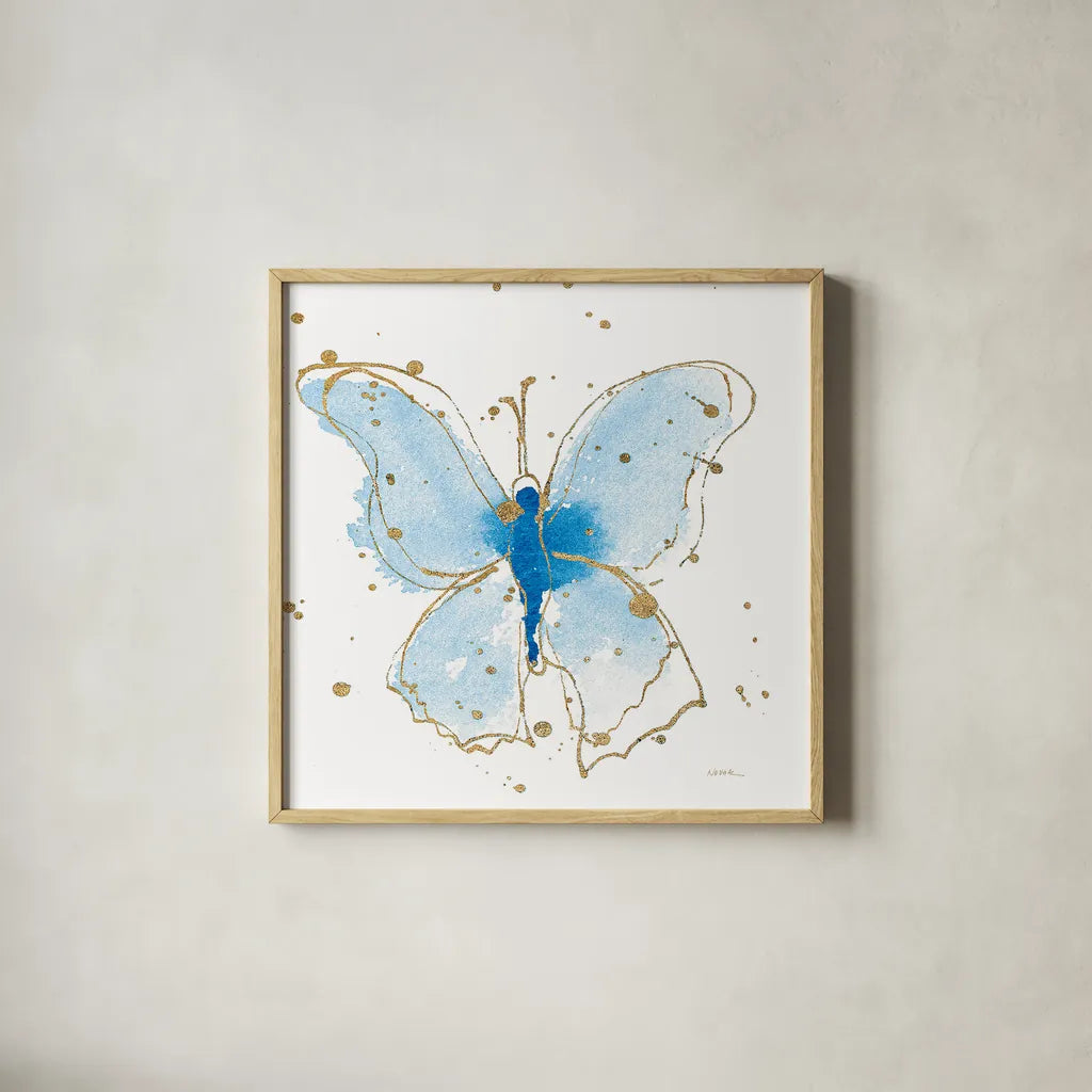 Gilded Butterflies V by Shirley Novak. Shown in a natural wood glass frame for a timeless modern aesthetic. Available as an archival giclee rolled canvas, fine art paper, or poster print. SKU 30836a.