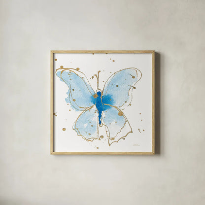 Gilded Butterflies V by Shirley Novak. Shown in a natural wood glass frame for a timeless modern aesthetic. Available as an archival giclee rolled canvas, fine art paper, or poster print. SKU 30836a.