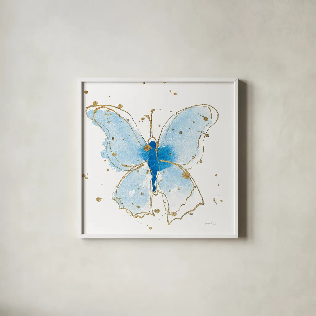 Gilded Butterflies V by Shirley Novak. Shown in a crisp white glass frame for a clean and minimalist style. Available as an archival giclee rolled canvas, fine art paper, or poster print. SKU 30836a.