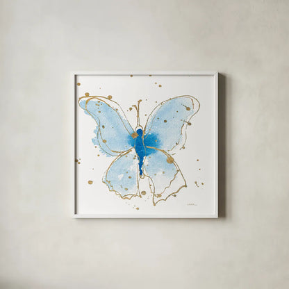 Gilded Butterflies V by Shirley Novak. Shown in a crisp white glass frame for a clean and minimalist style. Available as an archival giclee rolled canvas, fine art paper, or poster print. SKU 30836a.