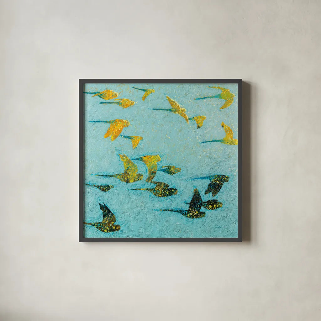 Gilded Flight by Shirley Novak. Shown in a sleek black glass frame for a contemporary gallery look. Available as an archival giclee rolled canvas, fine art paper, or poster print. SKU 88683a.