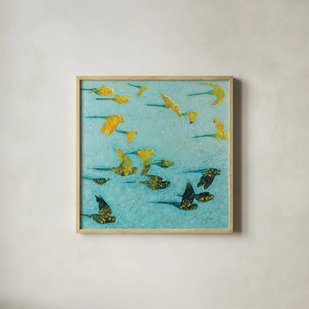 Gilded Flight by Shirley Novak. Shown in a natural wood glass frame for a timeless modern aesthetic. Available as an archival giclee rolled canvas, fine art paper, or poster print. SKU 88683a.