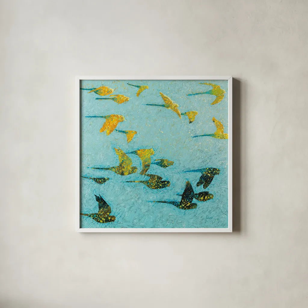 Gilded Flight by Shirley Novak. Shown in a crisp white glass frame for a clean and minimalist style. Available as an archival giclee rolled canvas, fine art paper, or poster print. SKU 88683a.