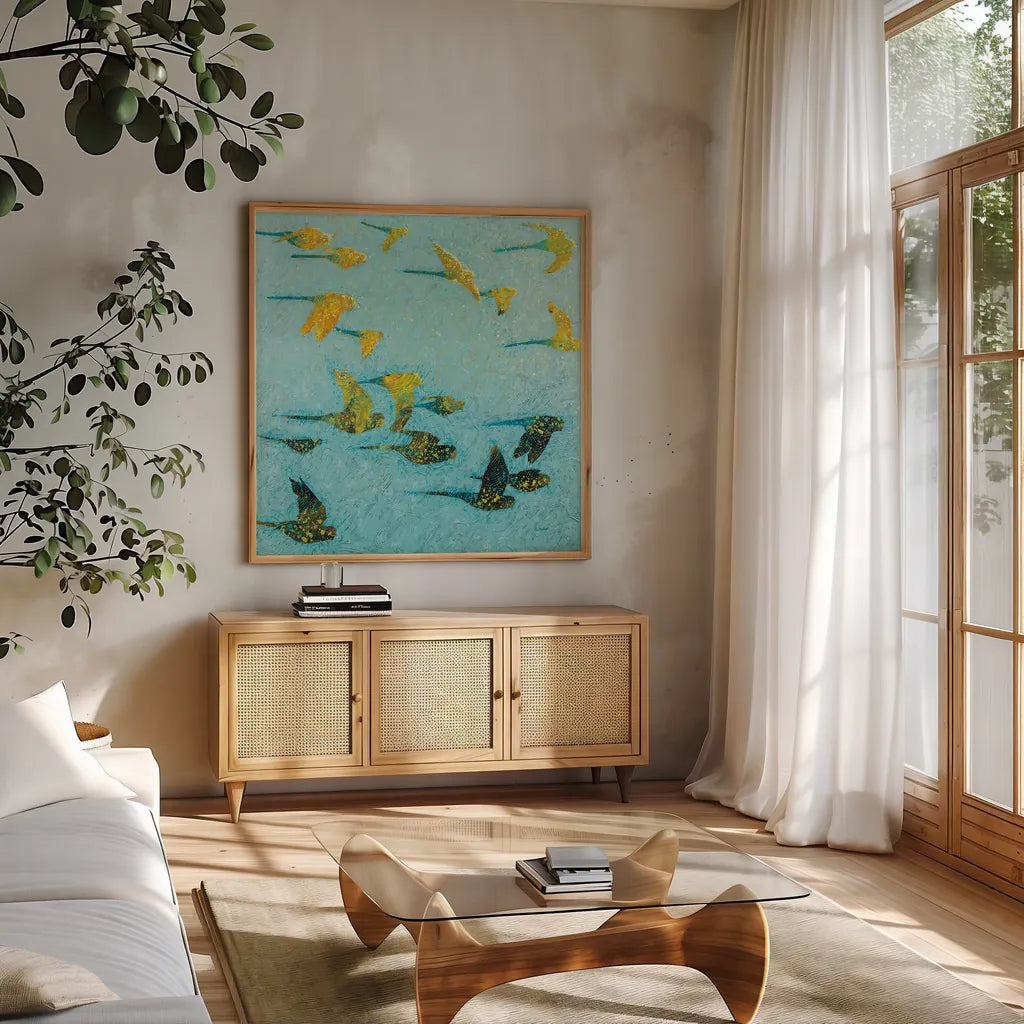 Gilded Flight by Shirley Novak. Shown in a natural wood frame in a cozy modern living room. Available as an archival giclee rolled canvas, fine art paper, or poster print. SKU 88683a.
