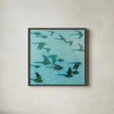 Gilded Flight Blue Green by Shirley Novak. Shown in a sleek black glass frame for a contemporary gallery look. Available as an archival giclee rolled canvas, fine art paper, or poster print. SKU 89024a.
