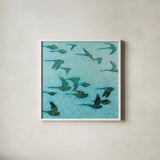 Gilded Flight Blue Green by Shirley Novak. Shown in a crisp white glass frame for a clean and minimalist style. Available as an archival giclee rolled canvas, fine art paper, or poster print. SKU 89024a.
