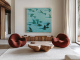 Gilded Flight Blue Green by Shirley Novak. Shown as extra-large giant wall art in a modern living room. Available as an archival giclee rolled canvas, fine art paper, or poster print. SKU 89024a.