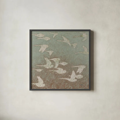 Gilded Flight Neutral by Shirley Novak. Shown in a sleek black glass frame for a contemporary gallery look. Available as an archival giclee rolled canvas, fine art paper, or poster print. SKU 90052a.