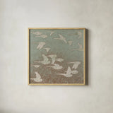 Gilded Flight Neutral by Shirley Novak. Shown in a natural wood glass frame for a timeless modern aesthetic. Available as an archival giclee rolled canvas, fine art paper, or poster print. SKU 90052a.