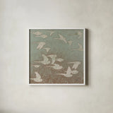 Gilded Flight Neutral by Shirley Novak. Shown in a crisp white glass frame for a clean and minimalist style. Available as an archival giclee rolled canvas, fine art paper, or poster print. SKU 90052a.