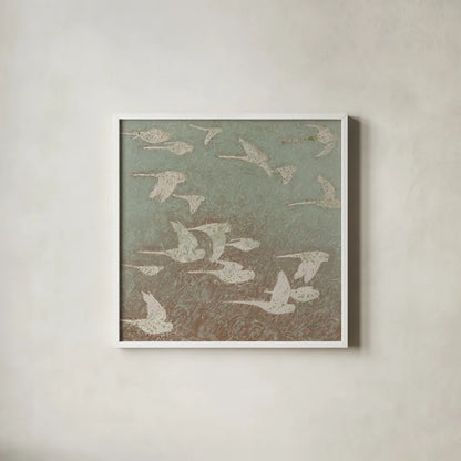 Gilded Flight Neutral by Shirley Novak. Shown in a crisp white glass frame for a clean and minimalist style. Available as an archival giclee rolled canvas, fine art paper, or poster print. SKU 90052a.