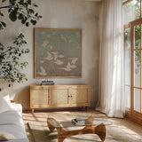 Gilded Flight Neutral by Shirley Novak. Shown in a natural wood frame in a cozy modern living room. Available as an archival giclee rolled canvas, fine art paper, or poster print. SKU 90052a.