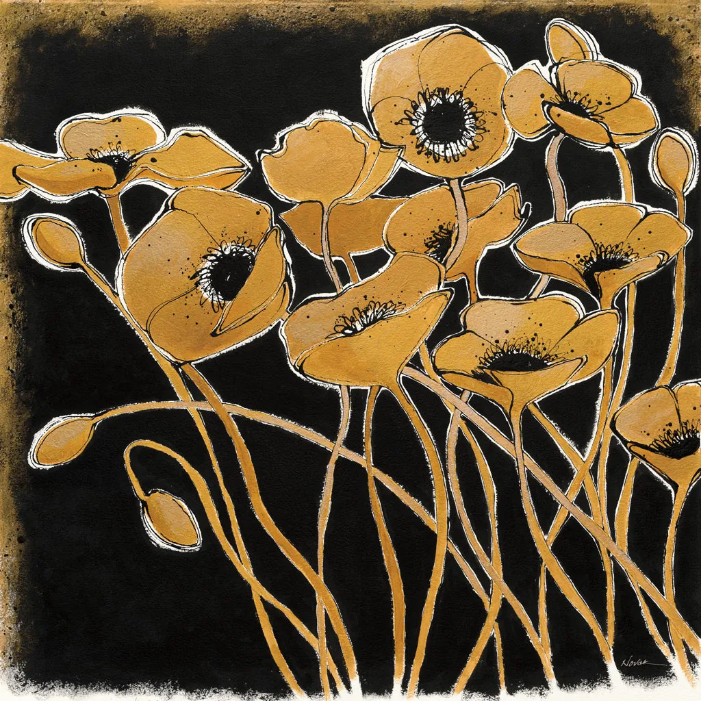 Gold Black Line Poppies I by Shirley Novak. SKU 31254a. Archival Giclee Fine art print for wall decor.