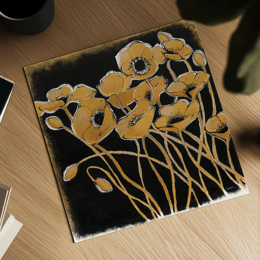 Gold Black Line Poppies I by Shirley Novak. Shown as a detailed flat fine art print, highlighting archival giclee quality. Available as an archival giclee rolled canvas, fine art paper, or poster print. SKU 31254a.