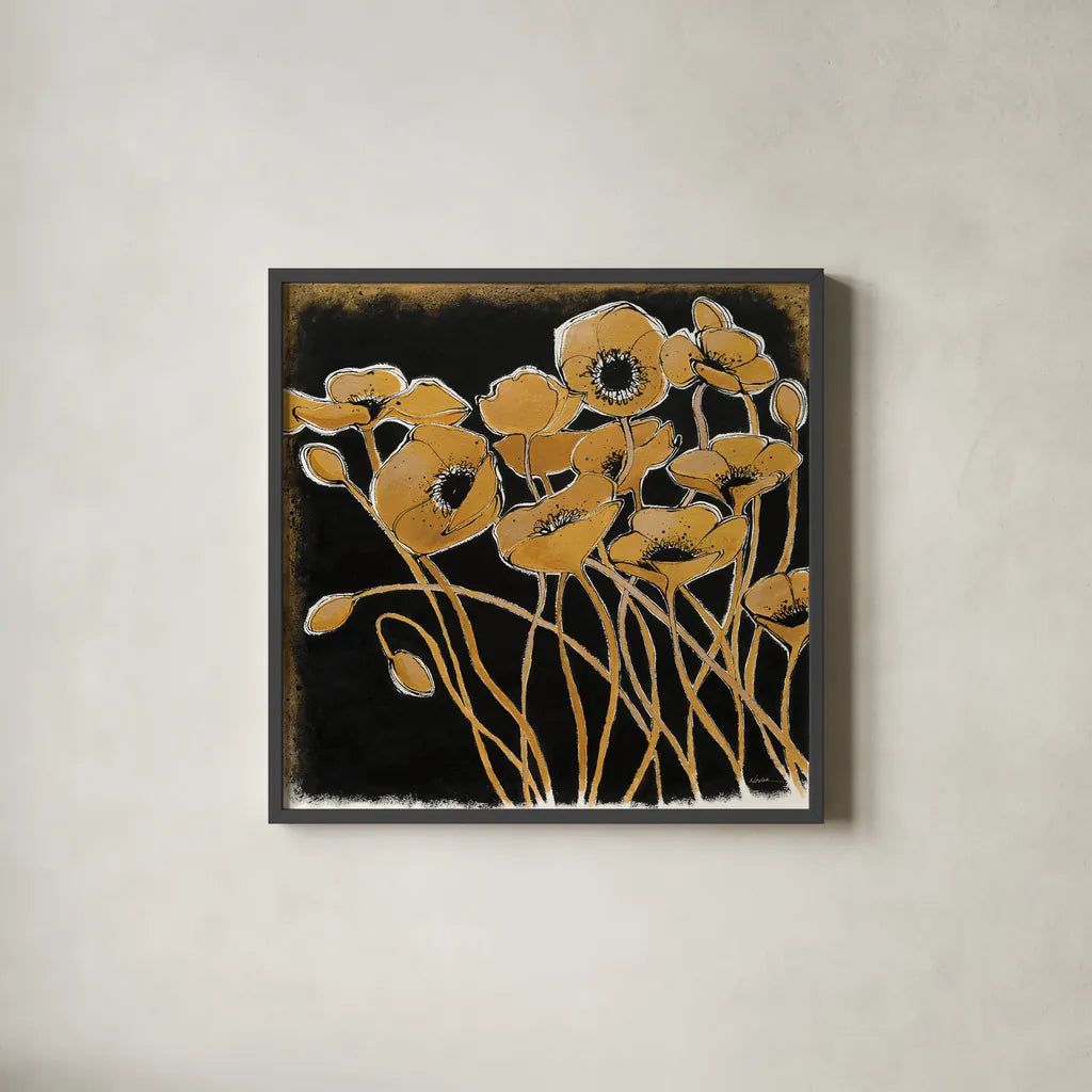 Gold Black Line Poppies I by Shirley Novak. Shown in a sleek black glass frame for a contemporary gallery look. Available as an archival giclee rolled canvas, fine art paper, or poster print. SKU 31254a.