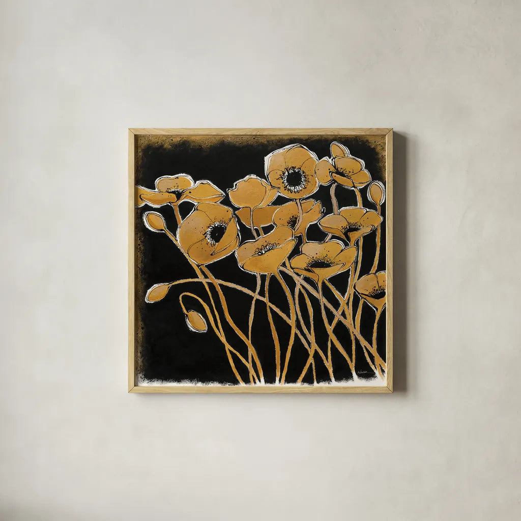 Gold Black Line Poppies I by Shirley Novak. Shown in a natural wood glass frame for a timeless modern aesthetic. Available as an archival giclee rolled canvas, fine art paper, or poster print. SKU 31254a.
