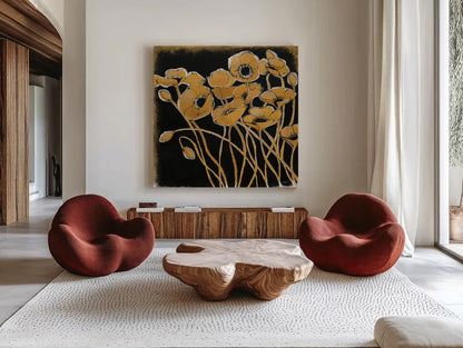 Gold Black Line Poppies I by Shirley Novak. Shown as extra-large giant wall art in a modern living room. Available as an archival giclee rolled canvas, fine art paper, or poster print. SKU 31254a.