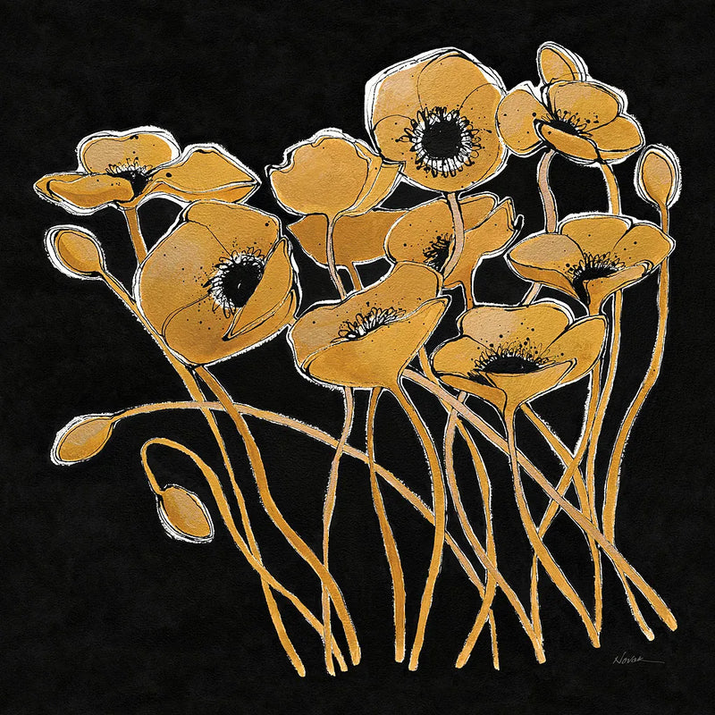 Gold Black Line Poppies I v2 by Shirley Novak. SKU 32381a. Archival Giclee Fine art print for wall decor.