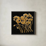 Gold Black Line Poppies I v2 by Shirley Novak. Shown in a sleek black glass frame for a contemporary gallery look. Available as an archival giclee rolled canvas, fine art paper, or poster print. SKU 32381a.