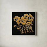 Gold Black Line Poppies I v2 by Shirley Novak. Shown in a crisp white glass frame for a clean and minimalist style. Available as an archival giclee rolled canvas, fine art paper, or poster print. SKU 32381a.