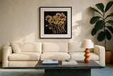 Gold Black Line Poppies I v2 by Shirley Novak. Displayed in a glass frame with matte in a clean modern living room. Available as an archival giclee rolled canvas, fine art paper, or poster print. SKU 32381a.