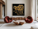 Gold Black Line Poppies I v2 by Shirley Novak. Shown as extra-large giant wall art in a modern living room. Available as an archival giclee rolled canvas, fine art paper, or poster print. SKU 32381a.
