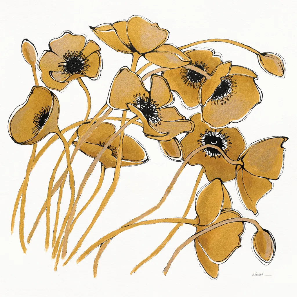 Gold Black Line Poppies II by Shirley Novak. SKU 31255a. Archival Giclee Fine art print for wall decor.