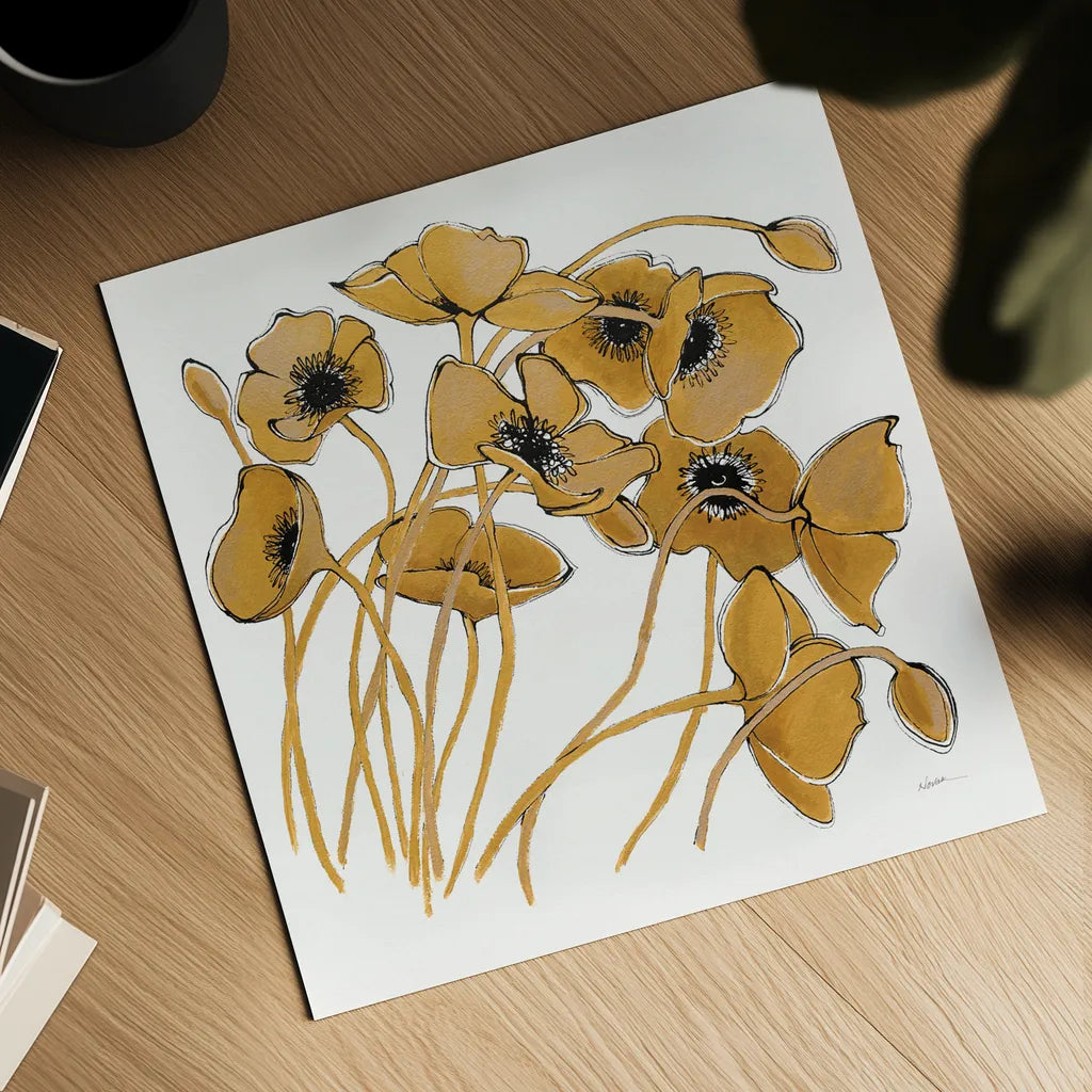 Gold Black Line Poppies II by Shirley Novak. Shown as a detailed flat fine art print, highlighting archival giclee quality. Available as an archival giclee rolled canvas, fine art paper, or poster print. SKU 31255a.