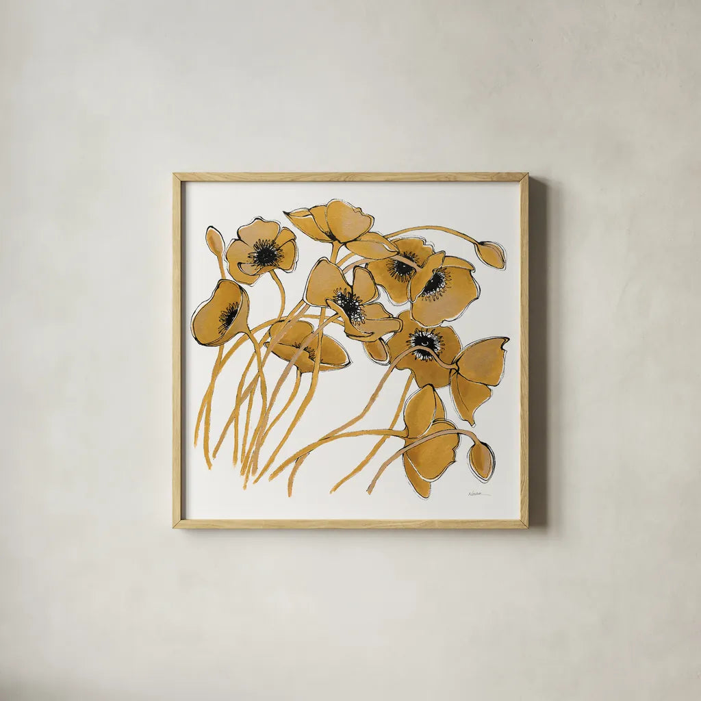 Gold Black Line Poppies II by Shirley Novak. Shown in a natural wood glass frame for a timeless modern aesthetic. Available as an archival giclee rolled canvas, fine art paper, or poster print. SKU 31255a.