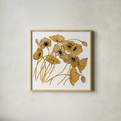 Gold Black Line Poppies II by Shirley Novak. Shown in a natural wood glass frame for a timeless modern aesthetic. Available as an archival giclee rolled canvas, fine art paper, or poster print. SKU 31255a.