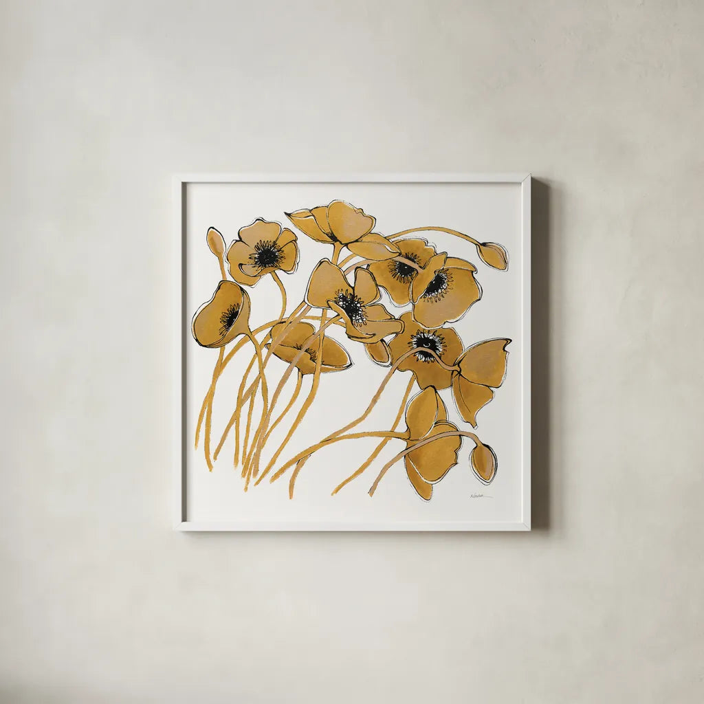Gold Black Line Poppies II by Shirley Novak. Shown in a crisp white glass frame for a clean and minimalist style. Available as an archival giclee rolled canvas, fine art paper, or poster print. SKU 31255a.