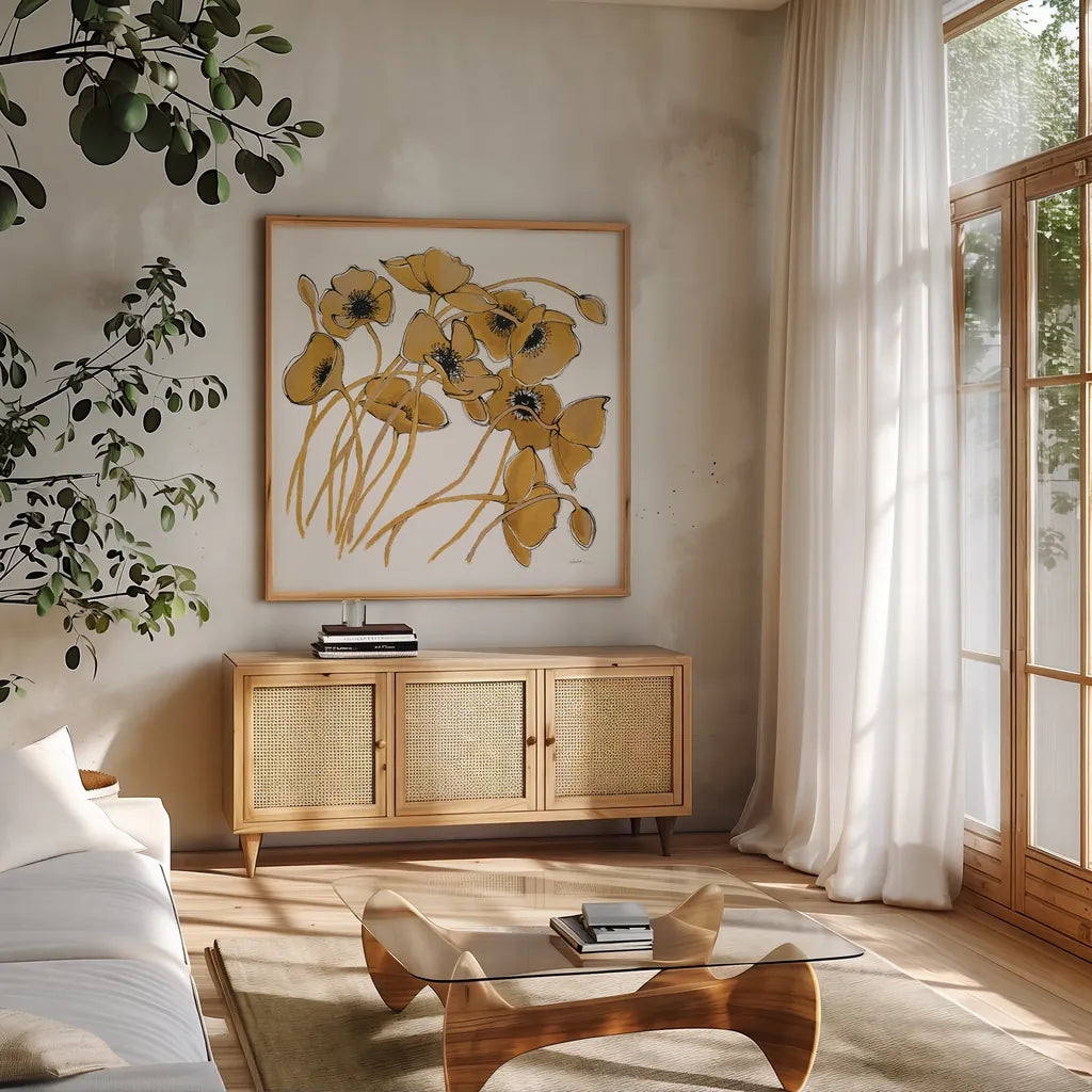 Gold Black Line Poppies II by Shirley Novak. Shown in a natural wood frame in a cozy modern living room. Available as an archival giclee rolled canvas, fine art paper, or poster print. SKU 31255a.