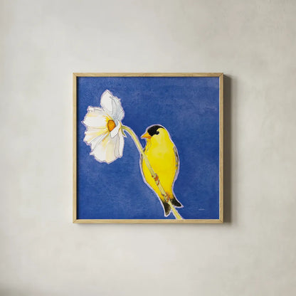 Gold Finch on White Cosmos by Shirley Novak. Shown in a natural wood glass frame for a timeless modern aesthetic. Available as an archival giclee rolled canvas, fine art paper, or poster print. SKU 88681a.